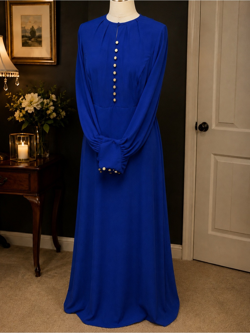 Elegant Royal Blue Long-Sleeve Maxi Dress